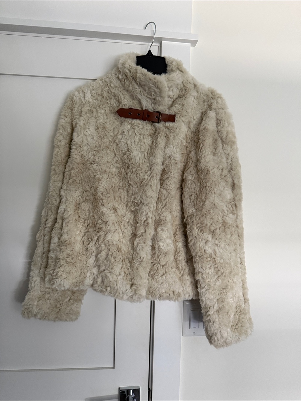 Anthropology Faux Shearling Teddy Coat with Buckle Collar - Cream